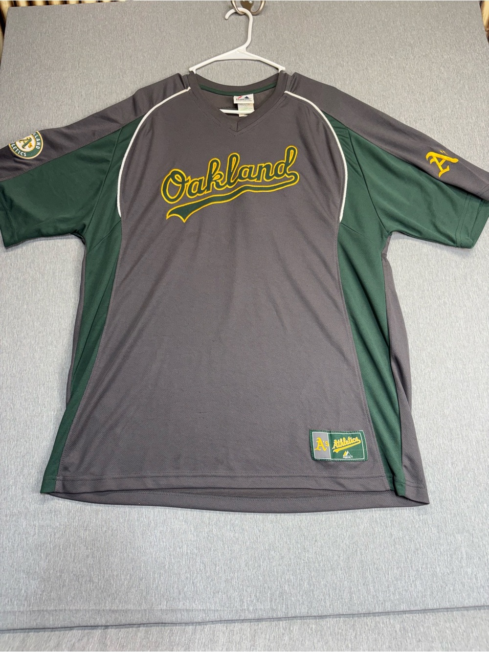 Majestic Oakland Athletic Script Jersey in Gray & Green with Yellow Trim